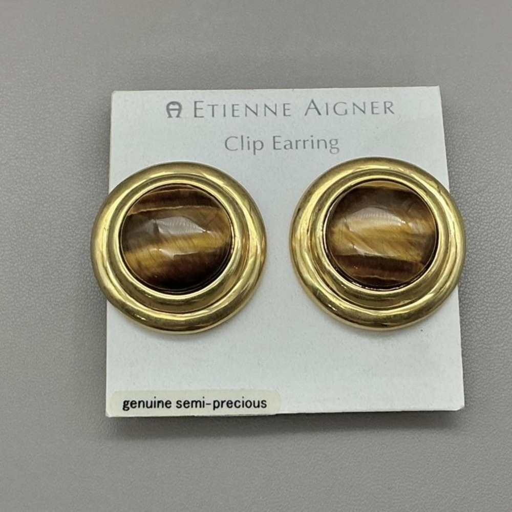 Etienne Aigner Earrings Gold Tone Brown Tigers Eye Round Clip On Stud Womens